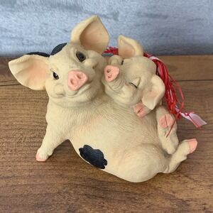 Cuddling Pig Pair Couple Stoneware Figurines Paperweight Heavy Love Valentine